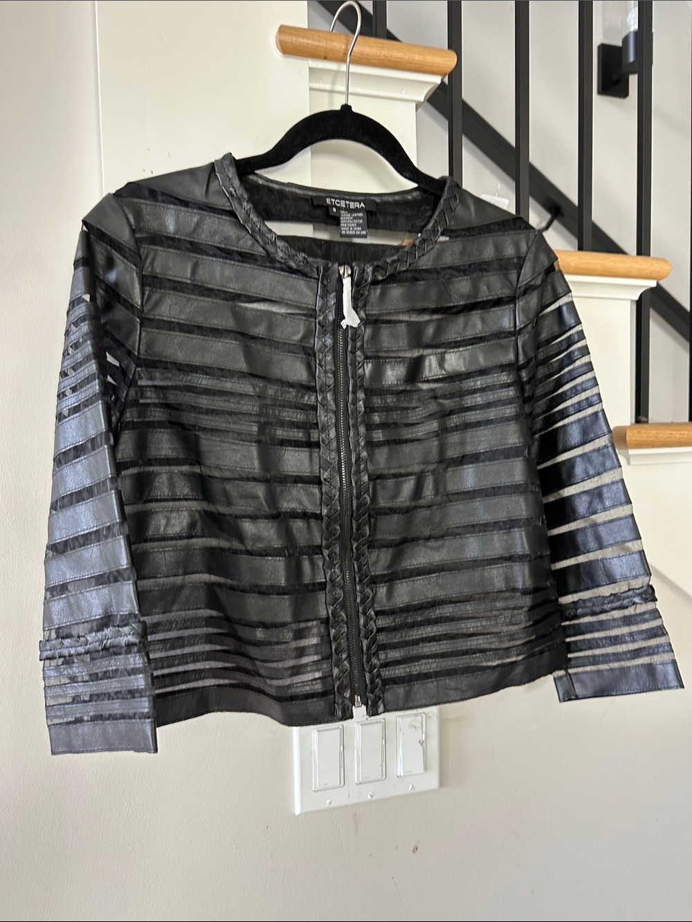 Etcetera Black Sheer-Striped No-Collar Jacket organza and leather size 8 NWOT